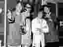 FILE - This July 6, 1967 file photo shows the musical group, The Monkees, from left, Peter Tork, Mike Nesmith, David Jones, and Micky Dolenz at a news conference at the Warwick Hotel in New York. (AP Photo/Ray Howard, file)