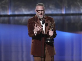 Seth Rogen accepts the award for outstanding lead actor in a comedy series for "The Studio" during the 77th Primetime Emmy Awards on Sunday, Sept. 14, 2025, at the Peacock Theater in Los Angeles.