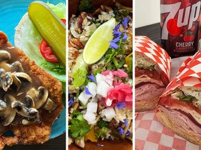 A tryptic of three colourful dishes, one schnitzel, one rice bowl and a deli sandwich