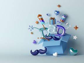 Happy Fathers Day decoration background with balloon gift box, heart shape, leaves copy space text, 3D rendering illustration