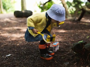 Toddler girl playing exploration in spring park