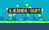 Pixel art design with outdoor landscape background.