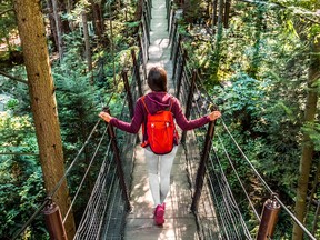 Canada travel people lifestyle banner. Tourist woman walking in famous attraction Capilano Suspension Bridge in North Vancouver, British Columbia, canadian vacation destination for tourism