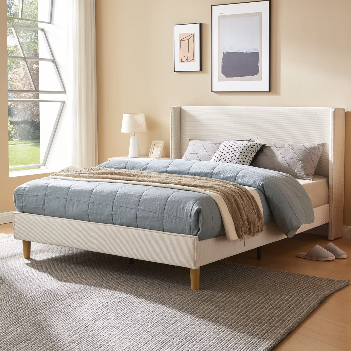 Luxury Modern Wingback Corduroy Upholstered Bed