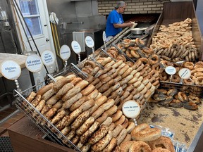 Bagels come fresh from a wood-fired oven at legendary St. Viateur Bagel Shop in Montreal.