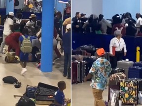 Images taken from video show a massive brawl after cruise ship were picking up their luggage in Galveston, Texas, Saturday, April 26, 2025.